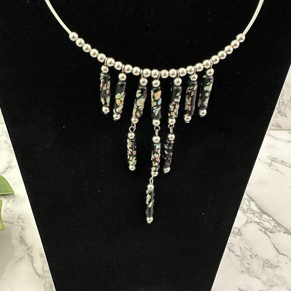 Vintage Y2k Silver Black Choker Necklace Floral Clay Beads Metal Ring Bib - Picture 2 of 4